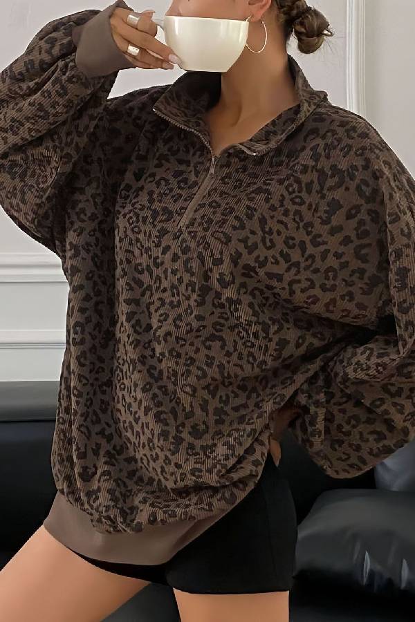Leopard Corduroy Half‑Zip Oversized Sweatshirt