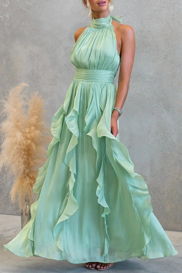 Coral Textured Metallic Chiffon Material High Tie Neck Ruffles Maxi Dress