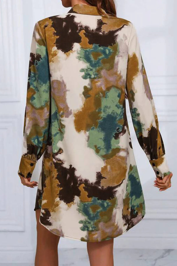 Casual Vintage Geometric Print Patchwork Turndown Collar Shirt Dress Dresses