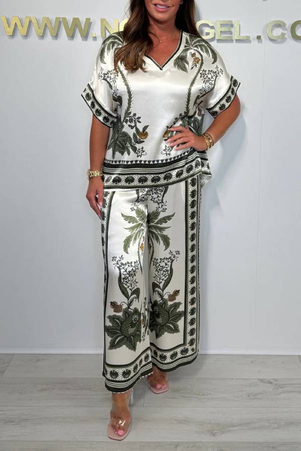 V-neck Short Sleeve Botanical Print Satin Wide-Leg Pants Set