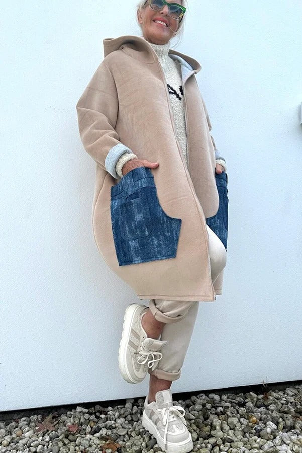 Soft and Warm Zipper Denim Pocket Long Sleeve Hooded Midi Sweatshirt Coat