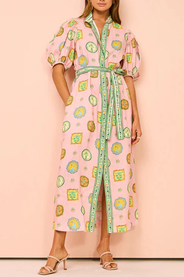 Lantern Sleeves Button Down Tie Waist Printed Midi Shirt Dress