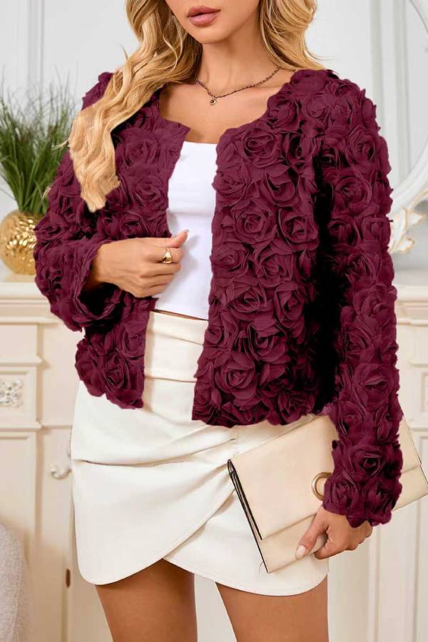 3D Floral Rose Cropped Open Front Jacket