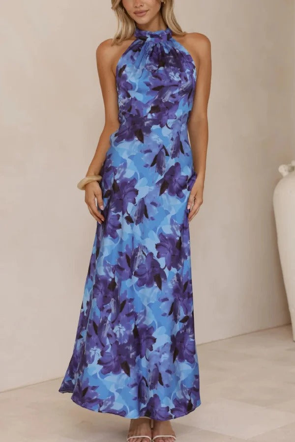 Floral Print Sleeveless Halter Neck Tie Holiday Maxi Dress