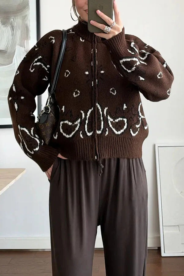 Bandana Knit Printed High Neck Long Sleeve Zipper Relaxed Cardigan