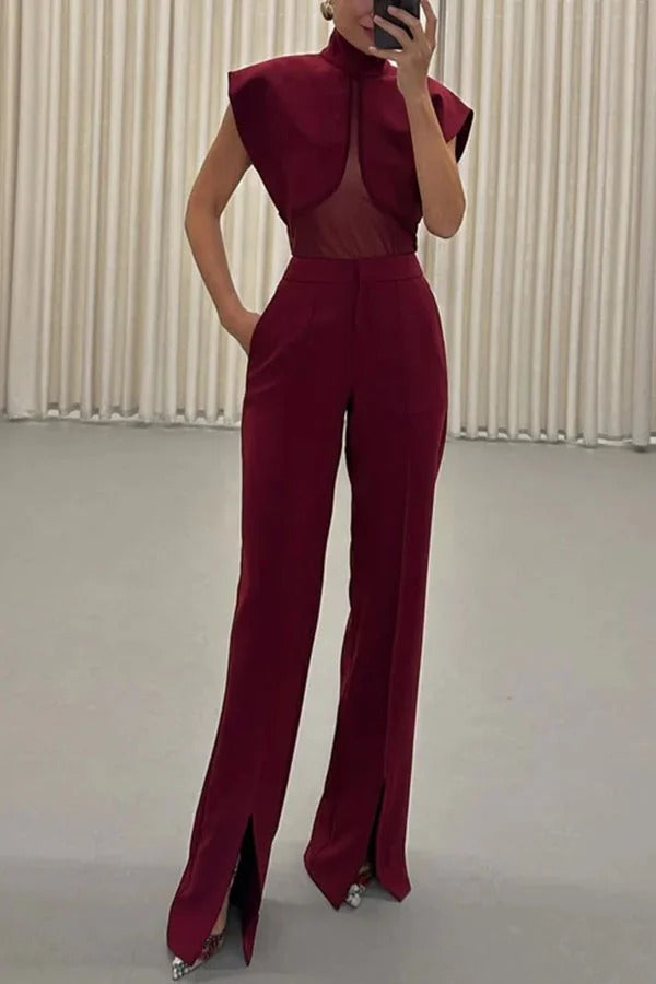 Vita Mesh Patchwork High Neck Wide Sleeve Bodysuit and High Rise Pocket Slit Pants Set