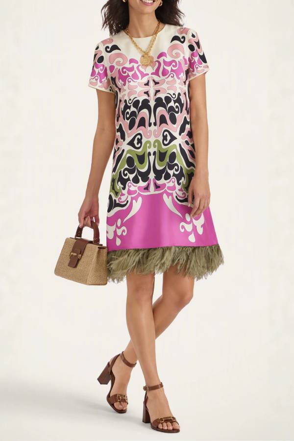 Satin Printed Feather Tassel Shift Dress