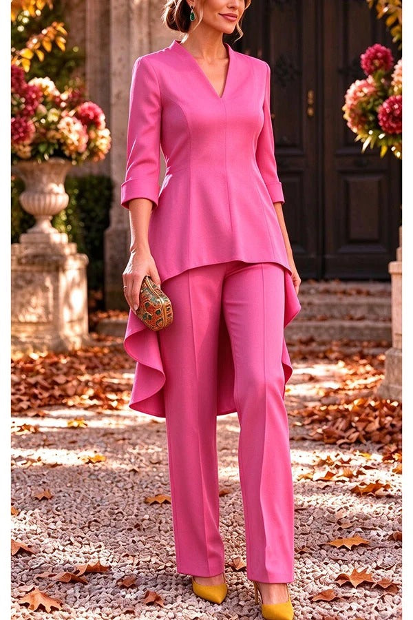 Nikkie V-neck Half Sleeve High Low Hem Top and Elastic Waist Wide Leg Pants Setts Set