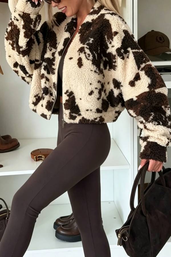 Soft and Fluffy Teddy Bear Fleece Material Contrast Color Long Sleeve Pocket Zipper Coat
