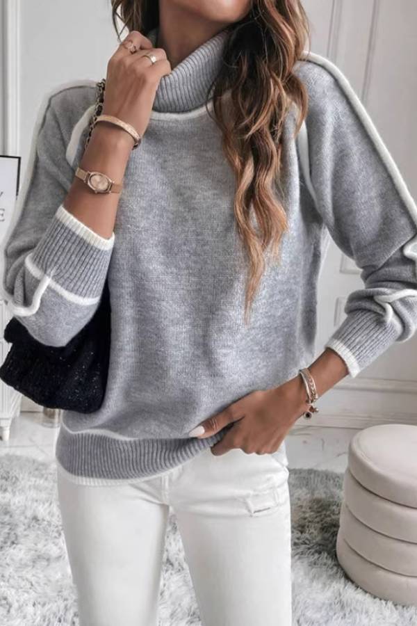 Women's Color Block White Trim Turtleneck Raglan Long Sleeve Sweater