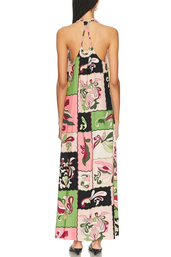 Vacation Night Unique Color-block Print U-shaped Shoulder Strap Maxi Dress