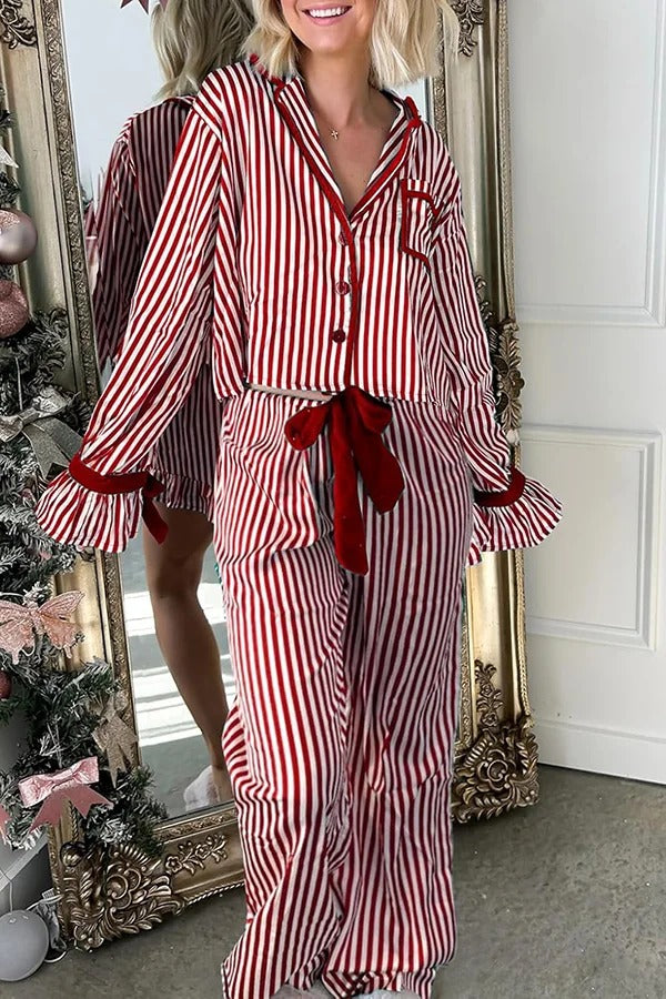 Striped Printed Color-blocked Trim Long-sleeved Loose Top and Elastic Waist Belt Wide-leg Pants Set