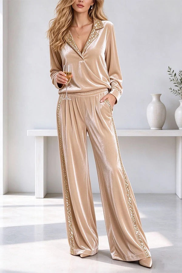 Elegant Velvet Sequin Trim Lapel Top with An Elastic Waist Pocket Wide Leg Pants Set