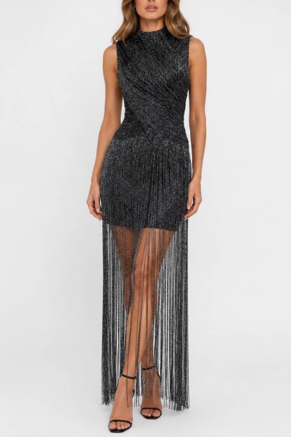 Shimmer Fringe Twist Evening Gown