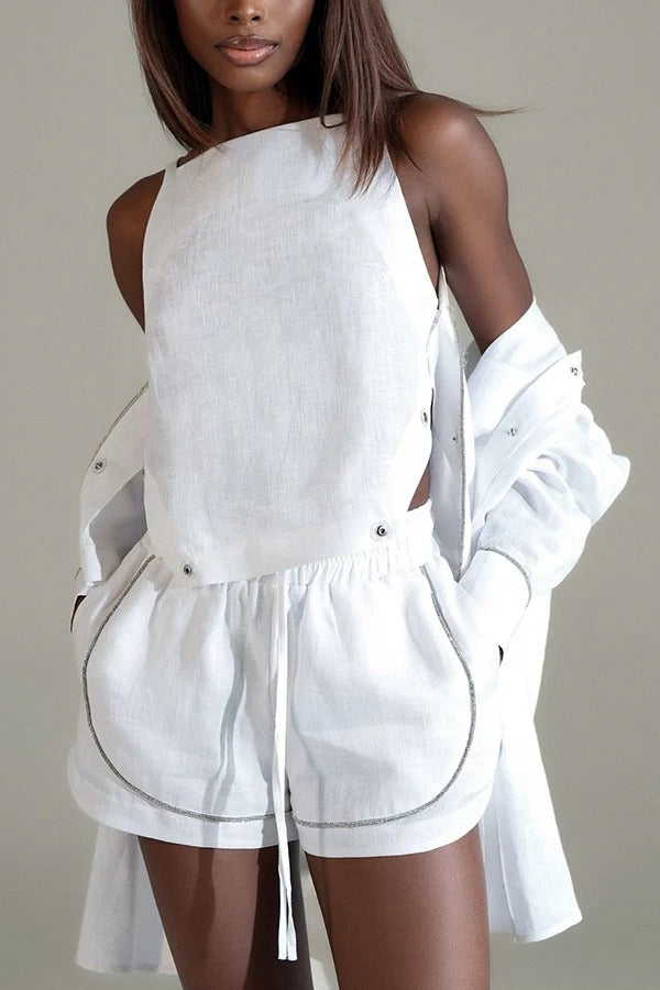 Alanah Linen Blend Silver Tirm Side Button Tank and Elastic Waist Pocket Shorts Set