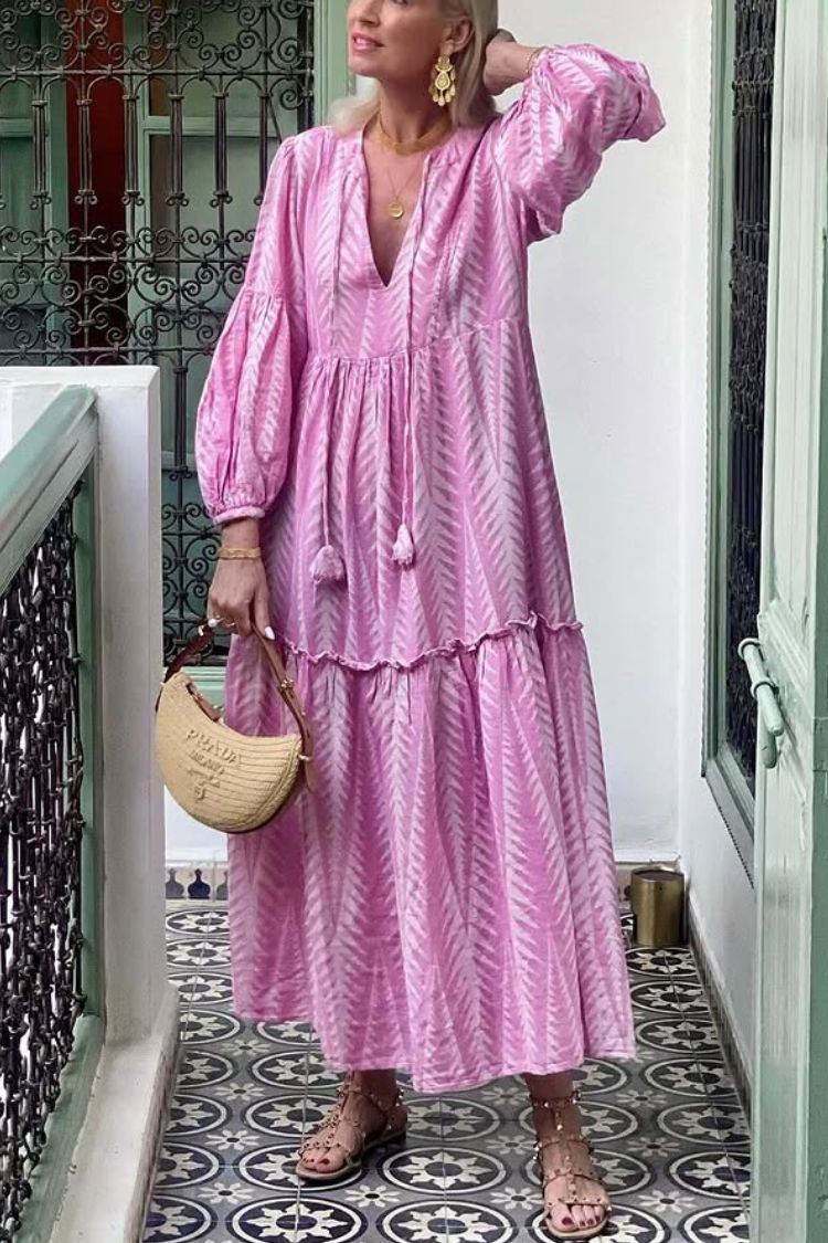 Marrakech Stories Linen Blend Printed Balloon Sleeve Pocketed A-line Midi Dress