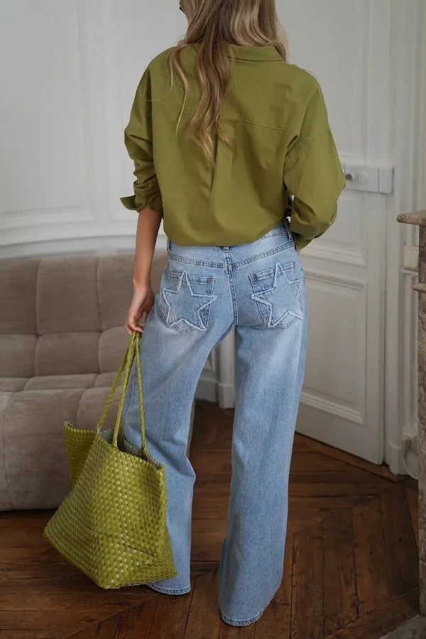 Stylish Denim Colorblock Star Patterned Mid Waist Pocket Wide Leg Jeans