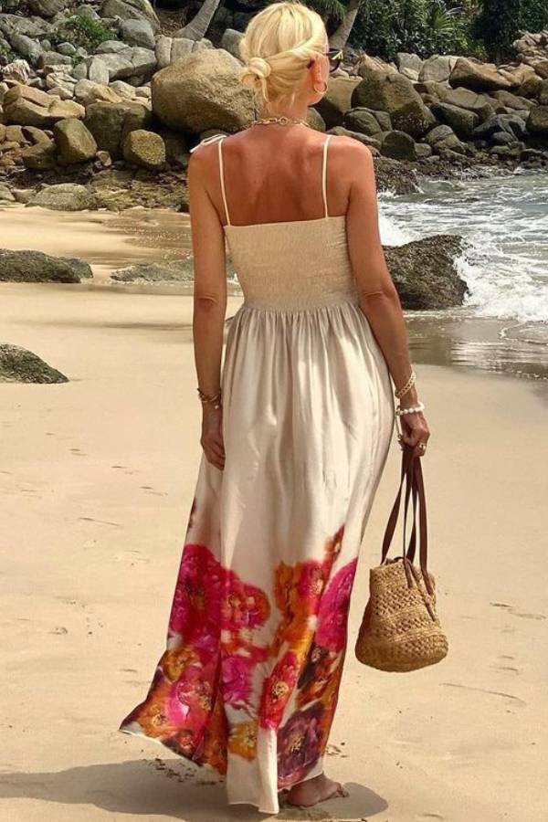 Hidden Garden Satin Floral Print Smocked Tie-up Shoulder Maxi Dress