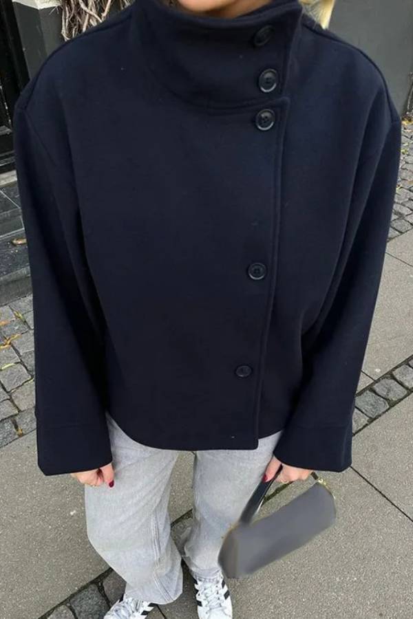 Stand Collar Asymmetric Button Short Wool Coat