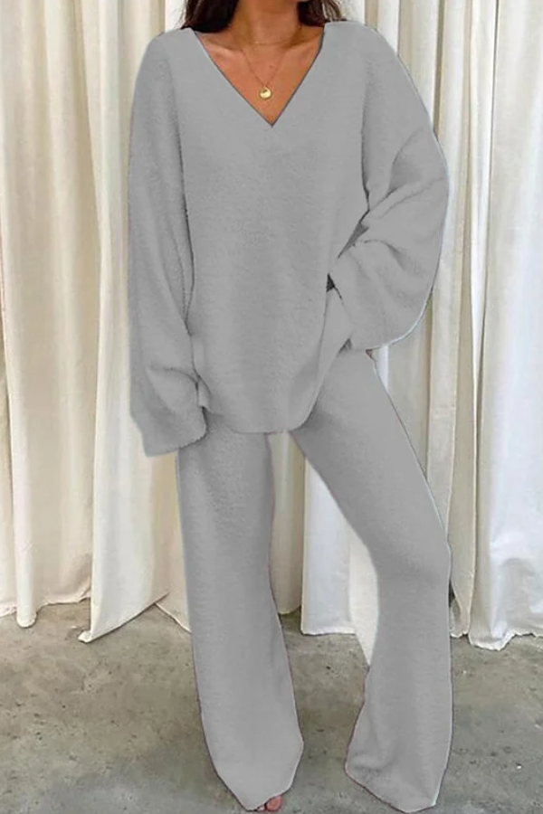 Comfortable Solid Color V-neck Daily Two-piece Set