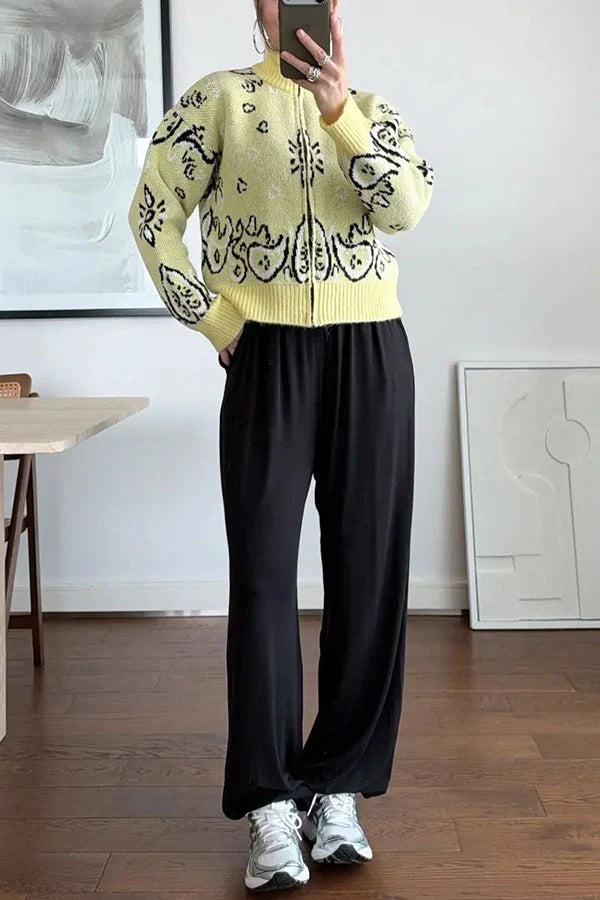 Bandana Knit Printed High Neck Long Sleeve Zipper Relaxed Cardigan