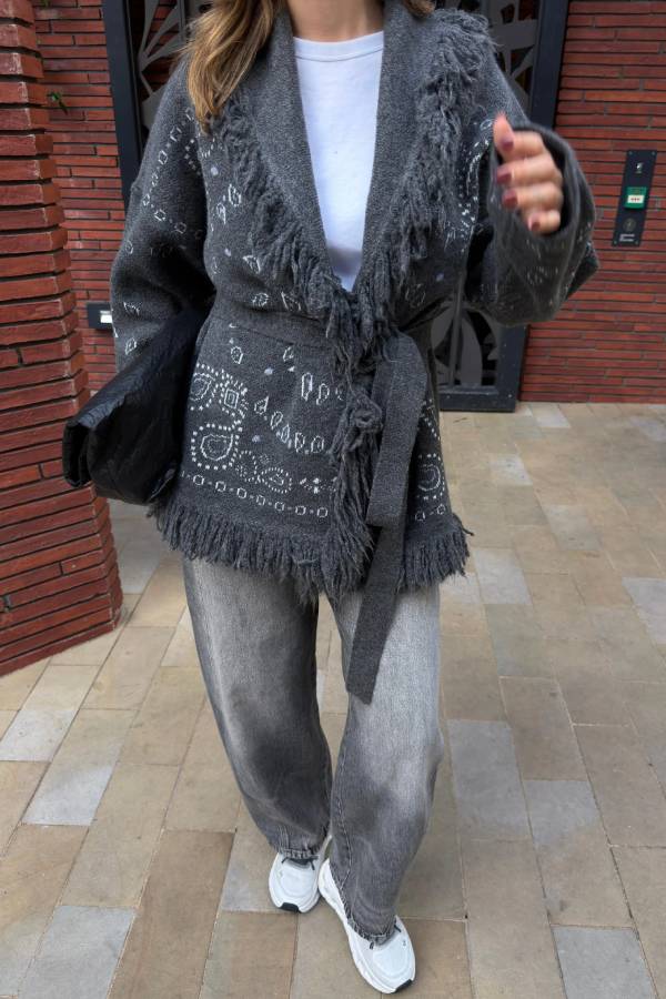 Multi-color Bandana Jacquard Fringe Belted Knit Cardigan