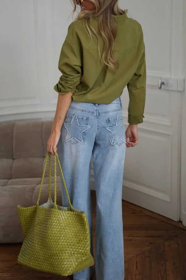 Stylish Denim Colorblock Star Patterned Mid Waist Pocket Wide Leg Jeans