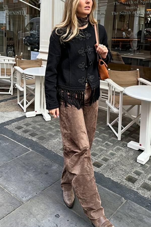Vintage Bohemian Style Embroidered Tassel Trim Long Sleeve Jacket