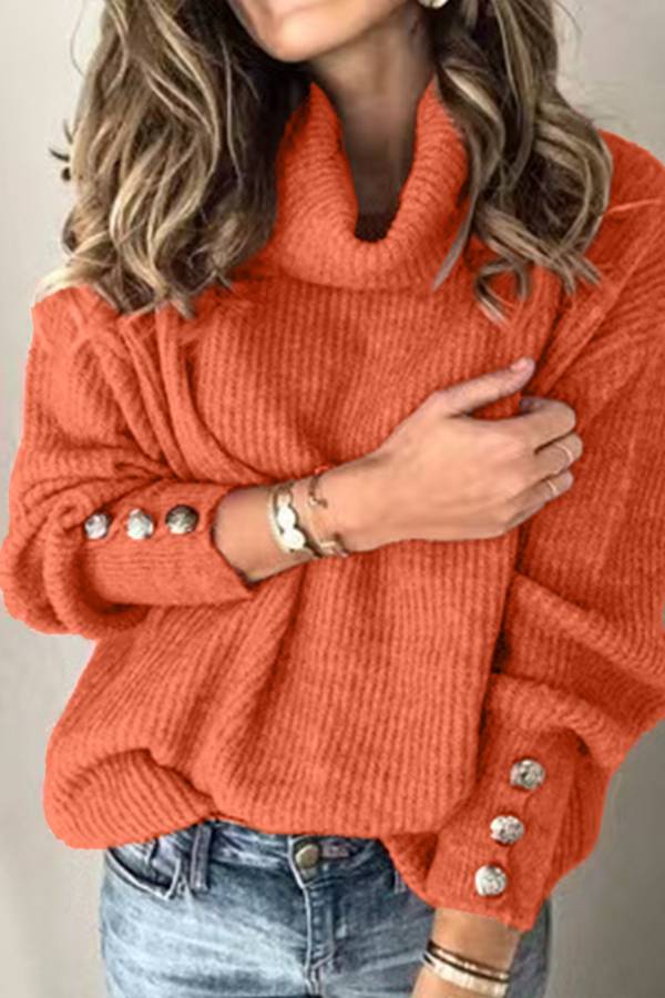High-neck button-decorated loose knit sweater