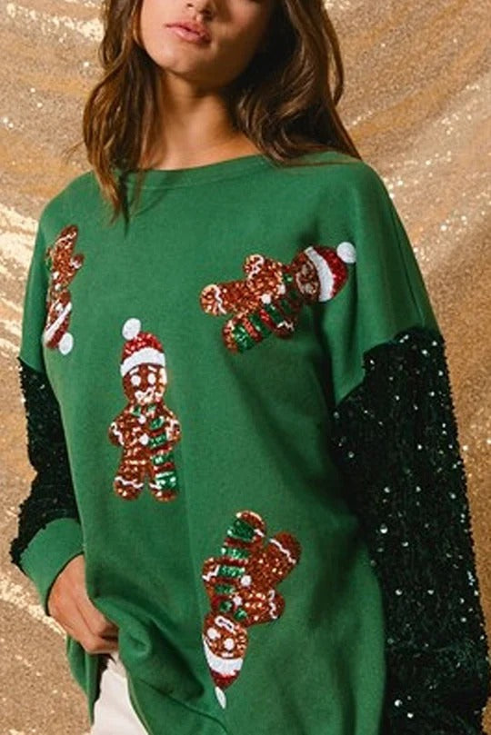Green Gingerbread Man Sequin Sweatshirt
