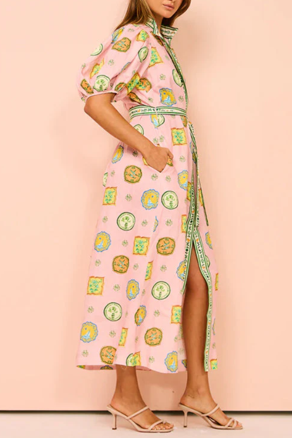 Lantern Sleeves Button Down Tie Waist Printed Midi Shirt Dress