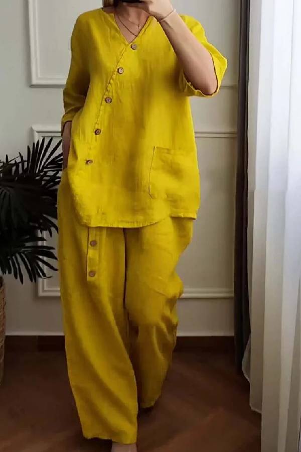 Solid Color Cotton And Linen Cropped Top & Wide Leg Pants Two-Piece Set