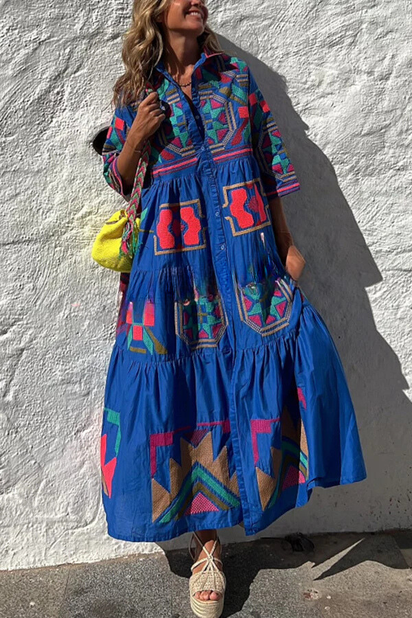 Take Me To Cabo Ethnic Unique Print Button Loose Shirt Midi Dress