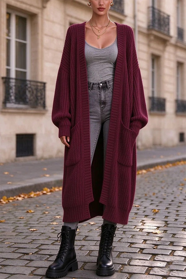 Trendy Thick Knit Open Front Long Sleeve Pocket Oversized Midi Cardigan