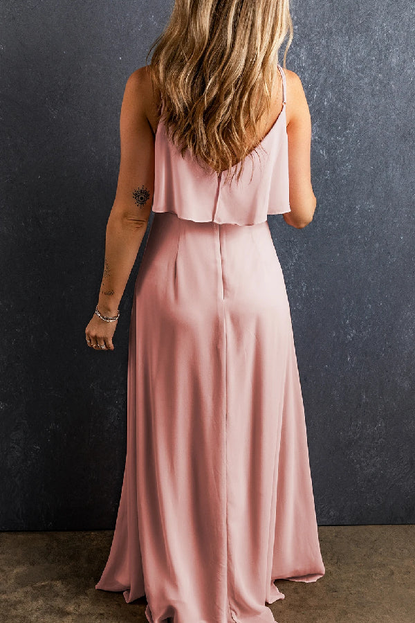 Light Pink Spaghetti Straps V Neck Ruffled Split Long Dress