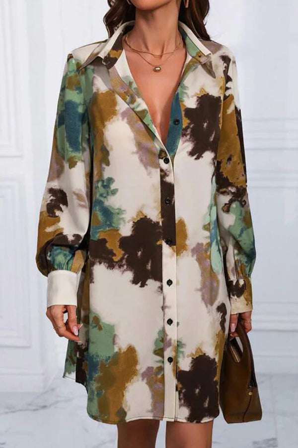 Casual Vintage Geometric Print Patchwork Turndown Collar Shirt Dress Dresses