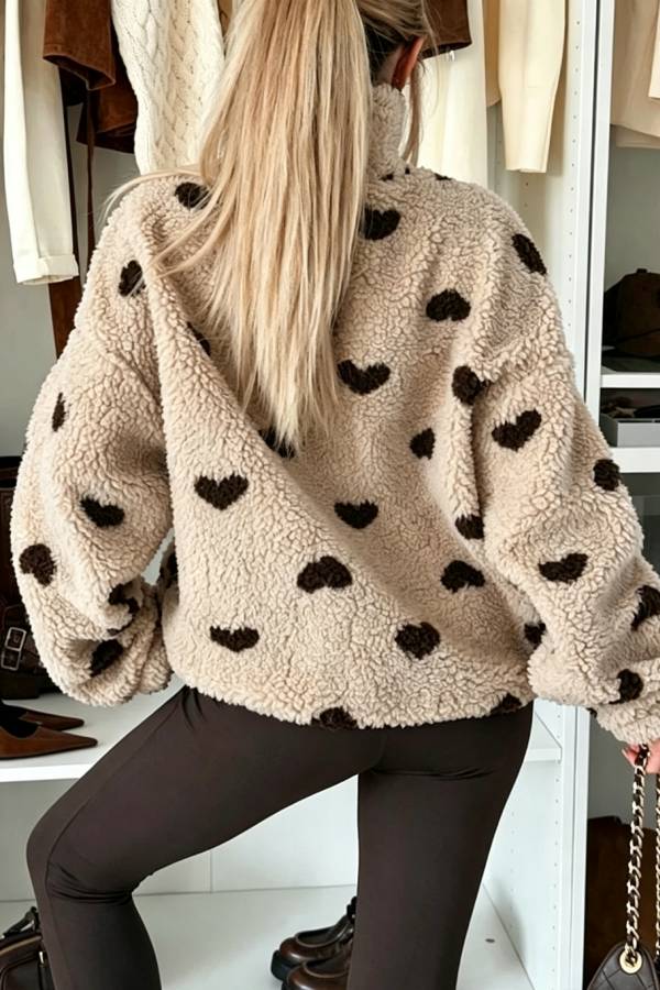 Playful Heart Pattern Teddy Bear Fleece Material Contrast Color Long Sleeve Pocket Zipper Coat