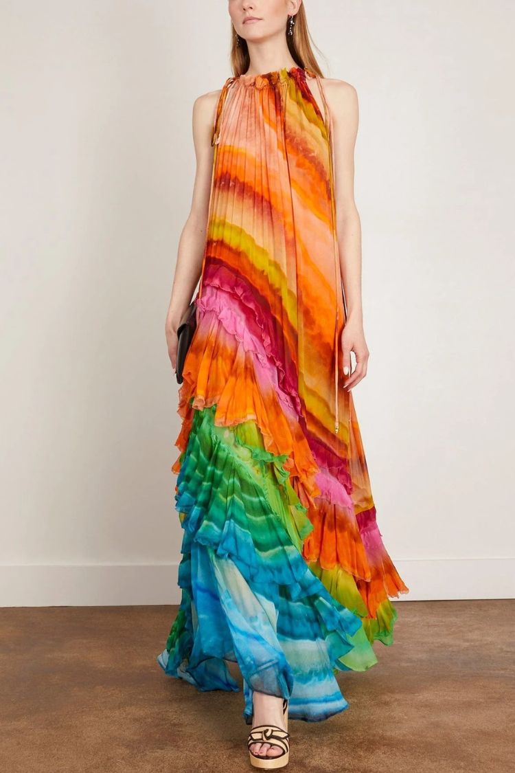 Rosha Georgette Crepe Tie-dye Print Layered Ruffles A-line Maxi Dress