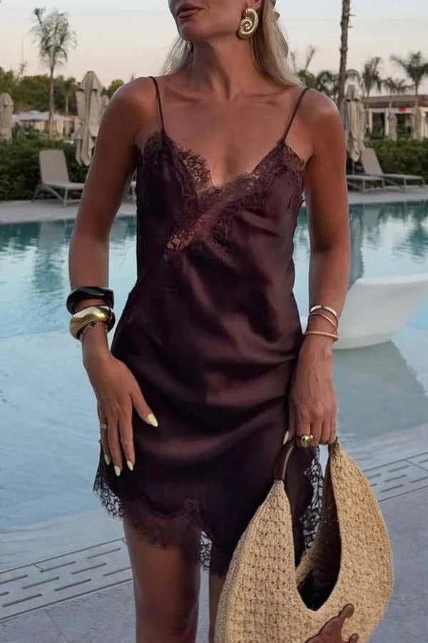 Elouise Satin Lace Trim V-neck Asymmetrical Hem Slip Mini Dress