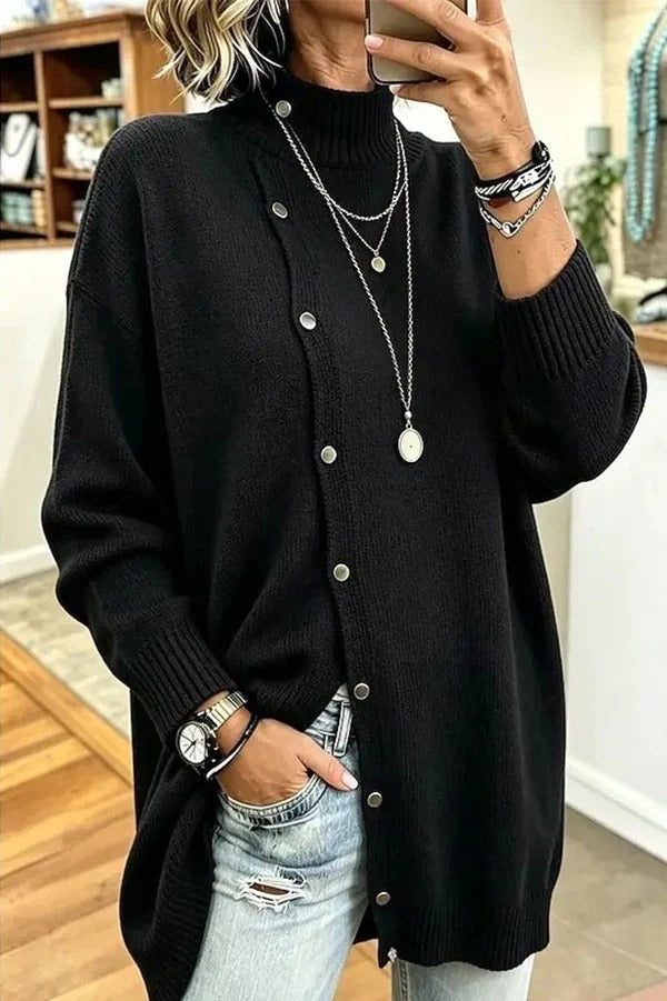 Warm Season Knit Turtleneck Button-down Long Sleeve Loose Sweater