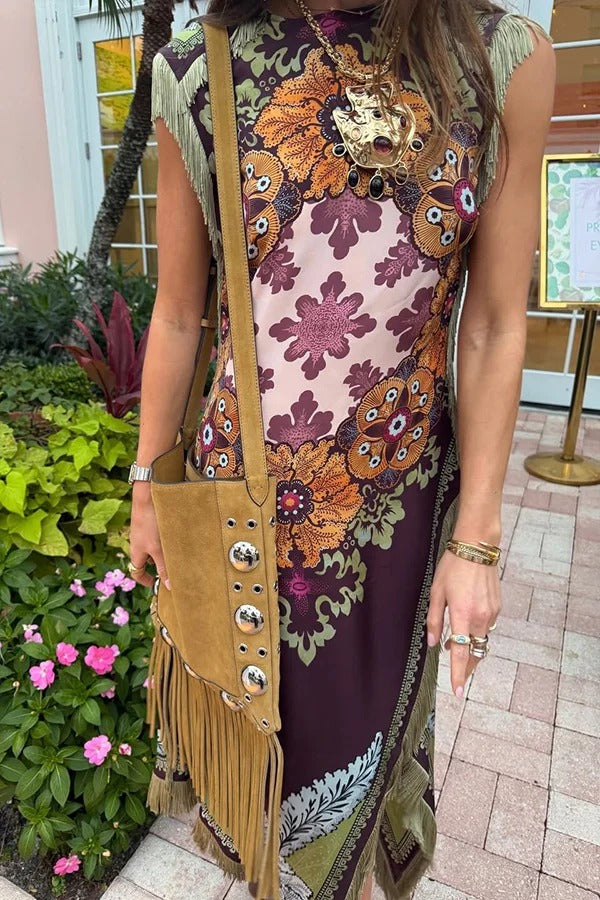 Bohemian Style Floral Print Tassel Trim Irregular Hem Slit Scarf Midi Dress