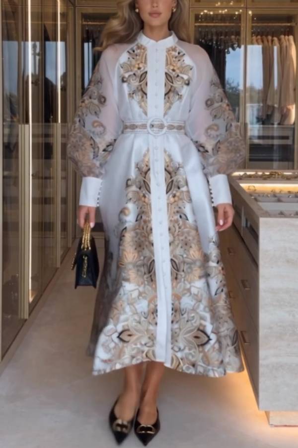 Vintage Paisley Lantern Sleeve Maxi Dress