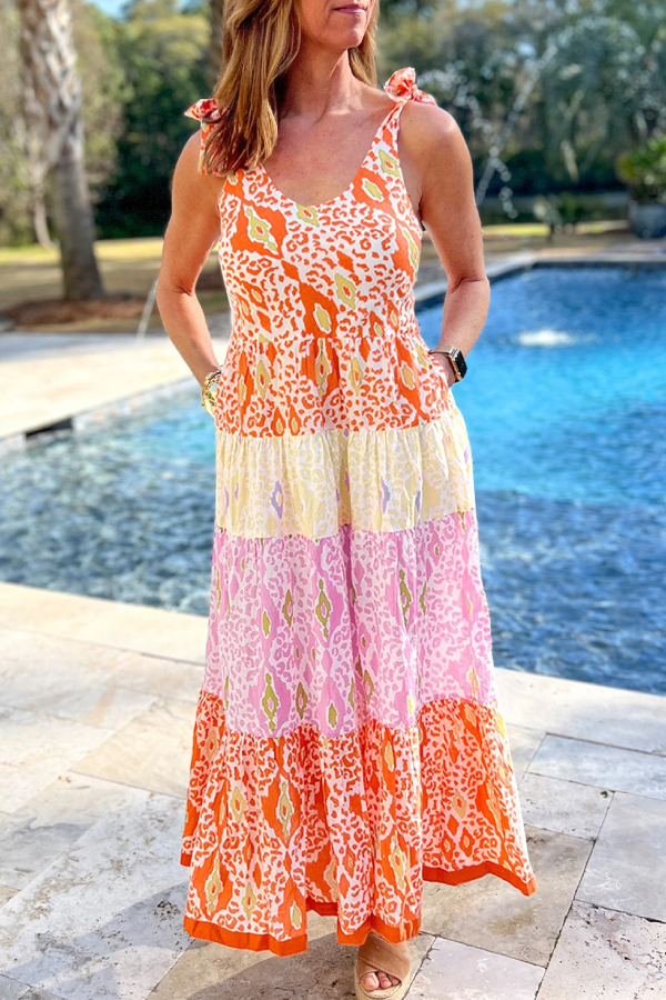 Orange Knotted Straps Leopard Colorblock Tiered Dress