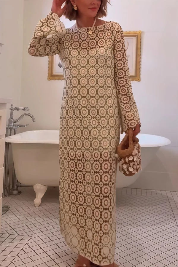 Summer Fashion Floral Crochet Cutout Fabric Long Sleeve Slit Vacation Midi Dress