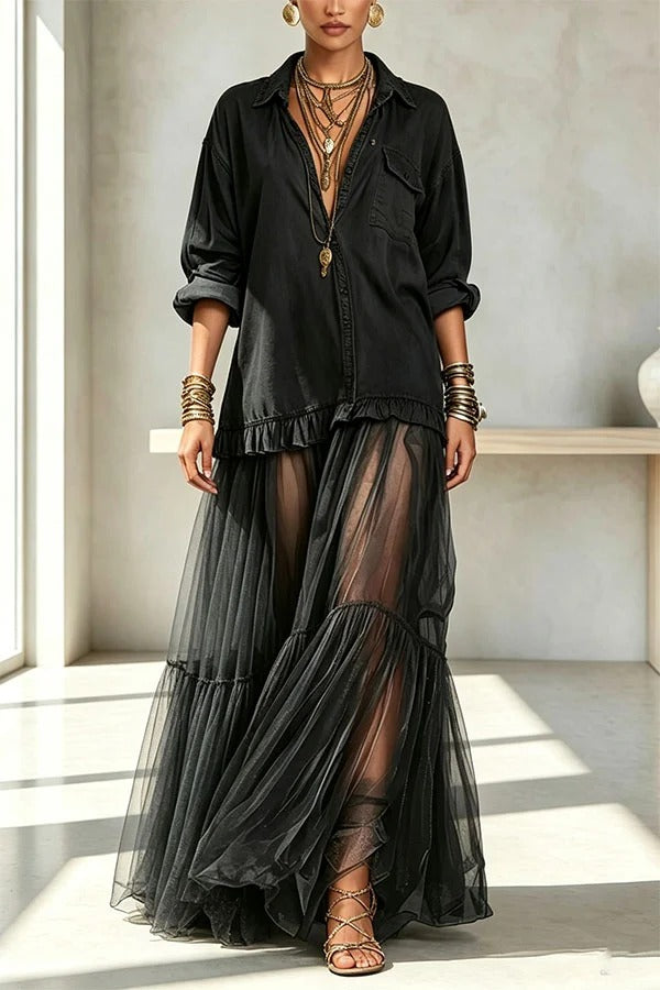 Retro-style Faux Denim Long Sleeve Pocket Tulle Hem Shirt Maxi Dress