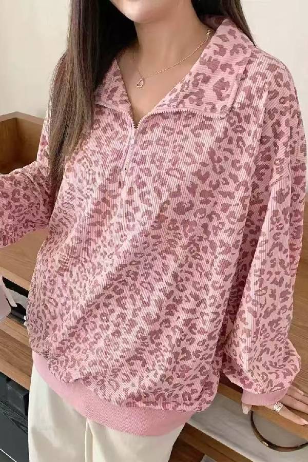 Leopard Corduroy Half‑Zip Oversized Sweatshirt