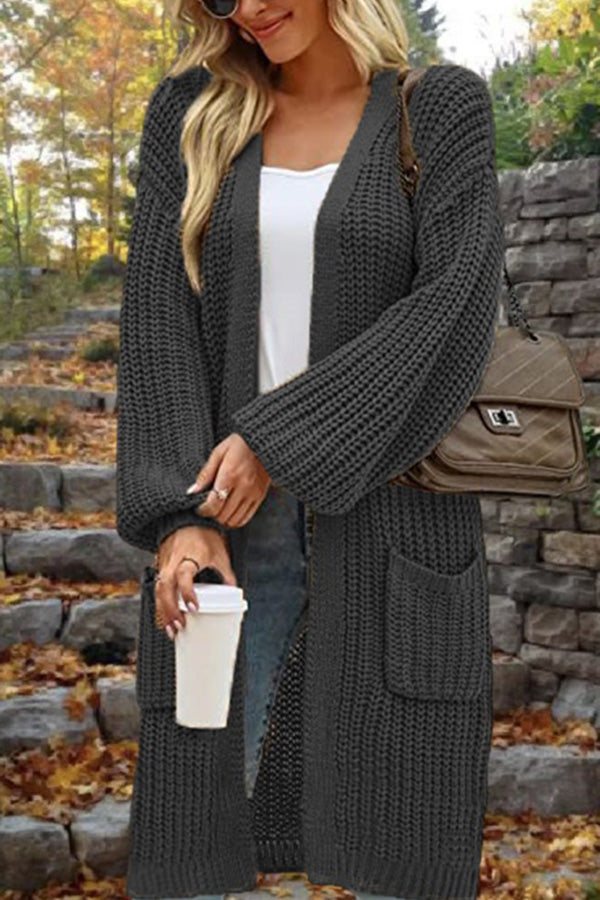 Mid-Length Loose Oversized Double Pocket Cardigan Sweater Jacket