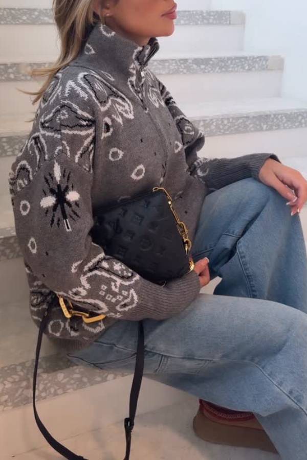 Paisley Bandana Print Zip Up Knit Jacket
