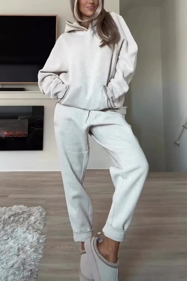 Tasman Braid Trim Kangaroo Pocket Hooded Sweatshirt and Elastic Waist Jogger Pants Set