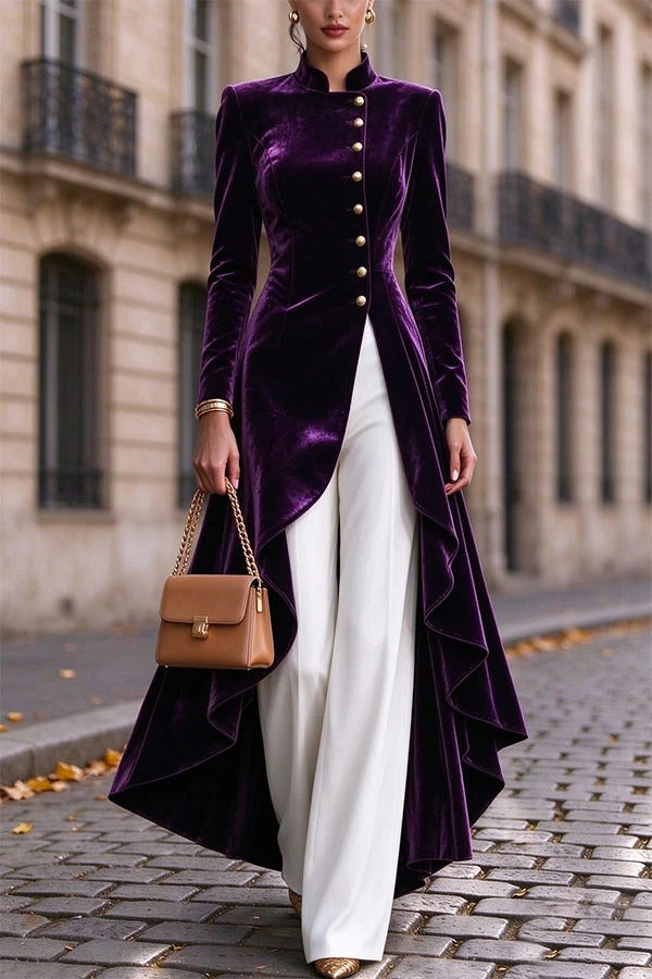 Napoleon Style Velvet Stand Neck Button Long Sleeve High Low Hem Midi Coat